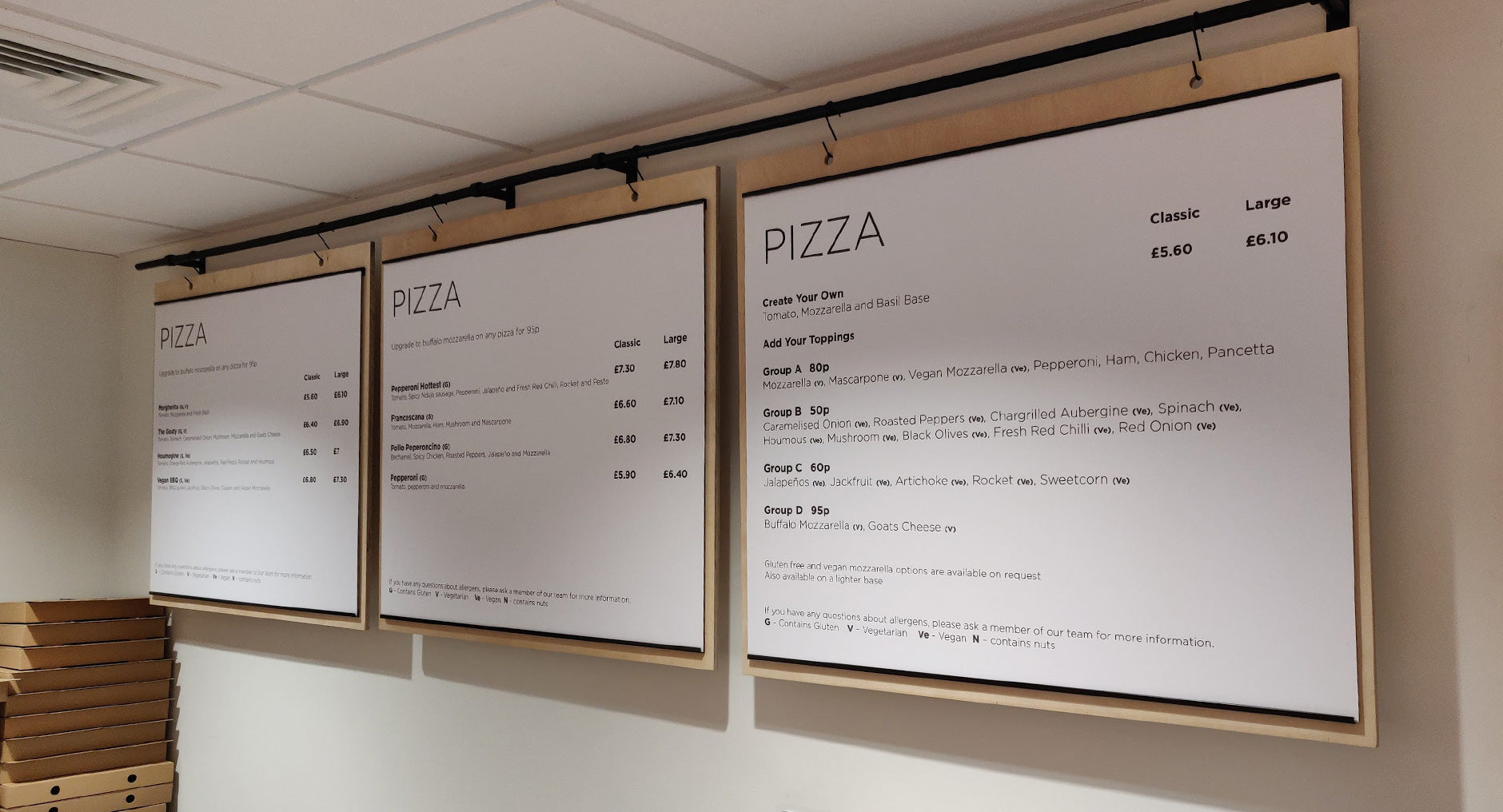 Café Plywood Hanging Menu with slide in menus