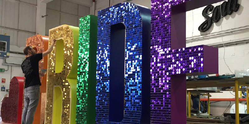 Giant Pride letters with sequins Giant Pride letters with sequins – Giant Letters by Goodwin & Goodwin, London