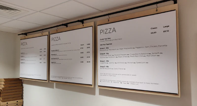 Café Plywood Hanging Menu with slide in menus Café Plywood Hanging Menu with slide in menus – Menu Signs, Menu Boards & Menu Cases by Goodwin & Goodwin, London