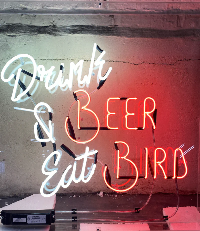 Drink beer and eat bird neon sign Drink beer and eat bird neon sign – Real Glass Neon Signs by Goodwin & Goodwin, London